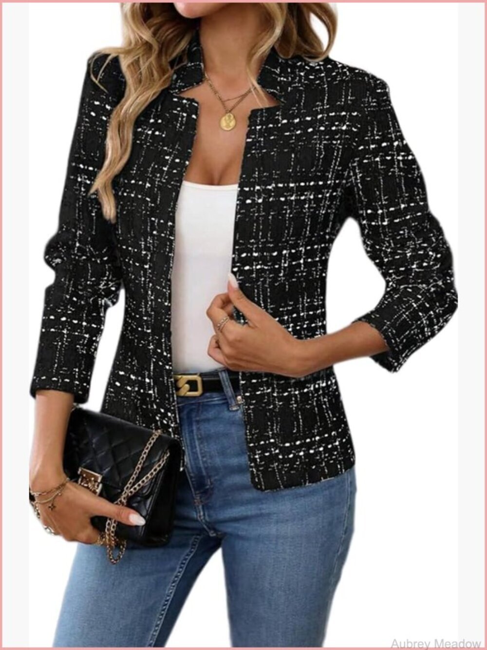 Womens Tweed Open Front Blazer Long Sleeve Jacket Notch Collar Fully Lined